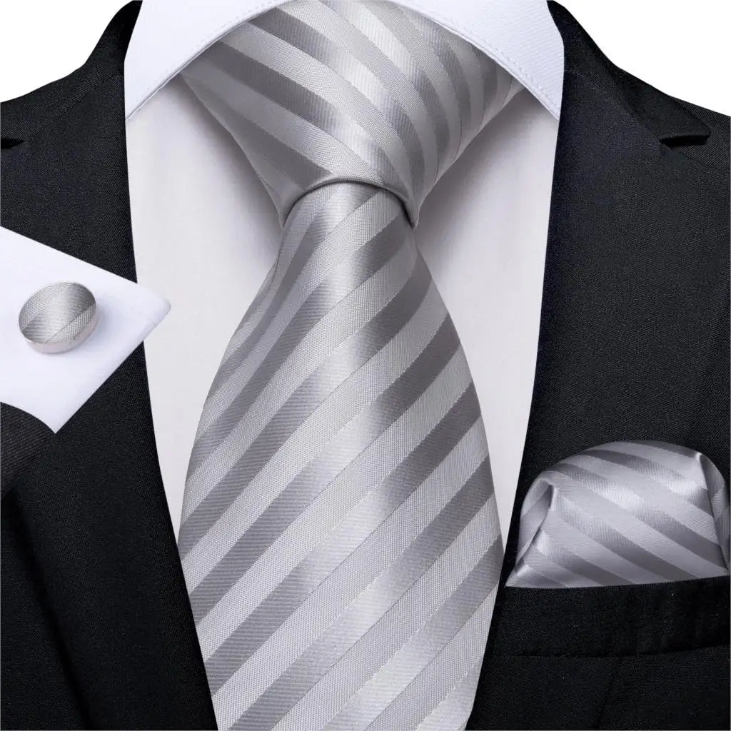 Teal Blue & White Striped Silk Tie Set for Men