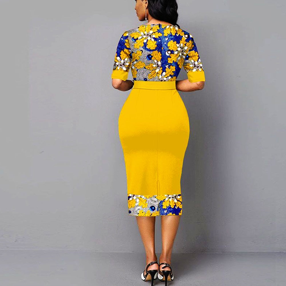 Yellow Elegant Floral Print  O-Neck Half Sleeve Slim Office Work Bodycon Dresses