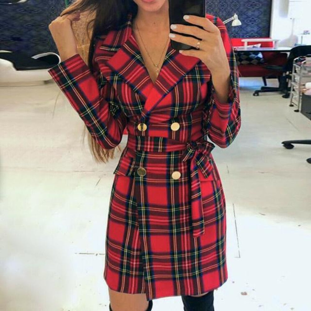 Long Sleeve Plaid Double Breasted Blazer Dress