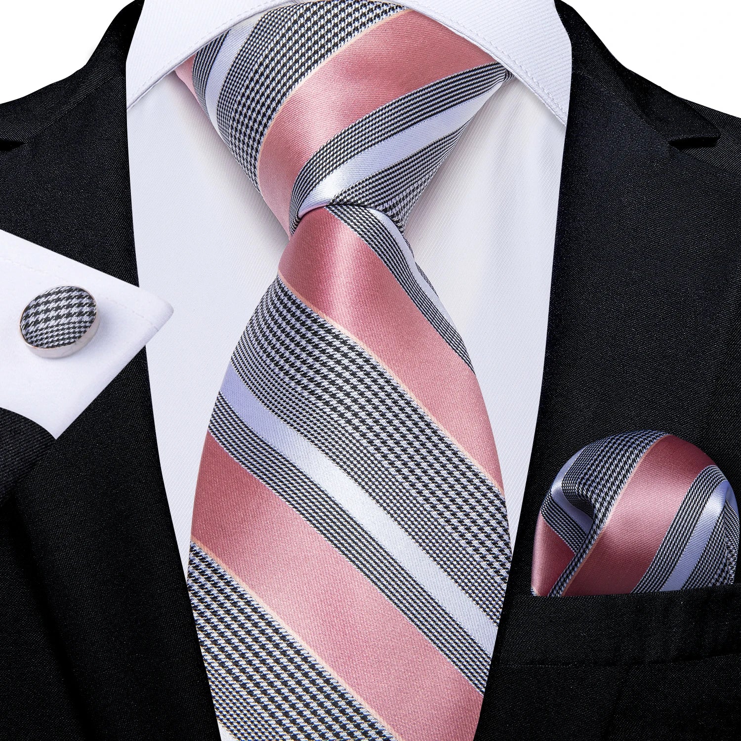 Teal Blue & White Striped Silk Tie Set for Men