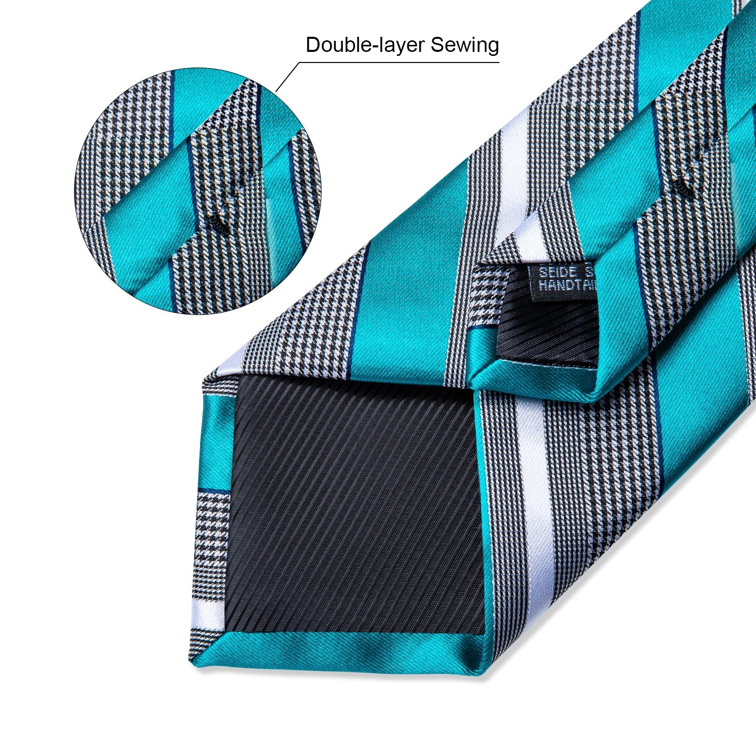 Teal Blue & White Striped Silk Tie Set for Men