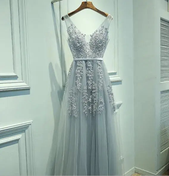 Lace Beading Long Backless Bridal V neck Sleeveless Transparent Banquet Sexy  Dress