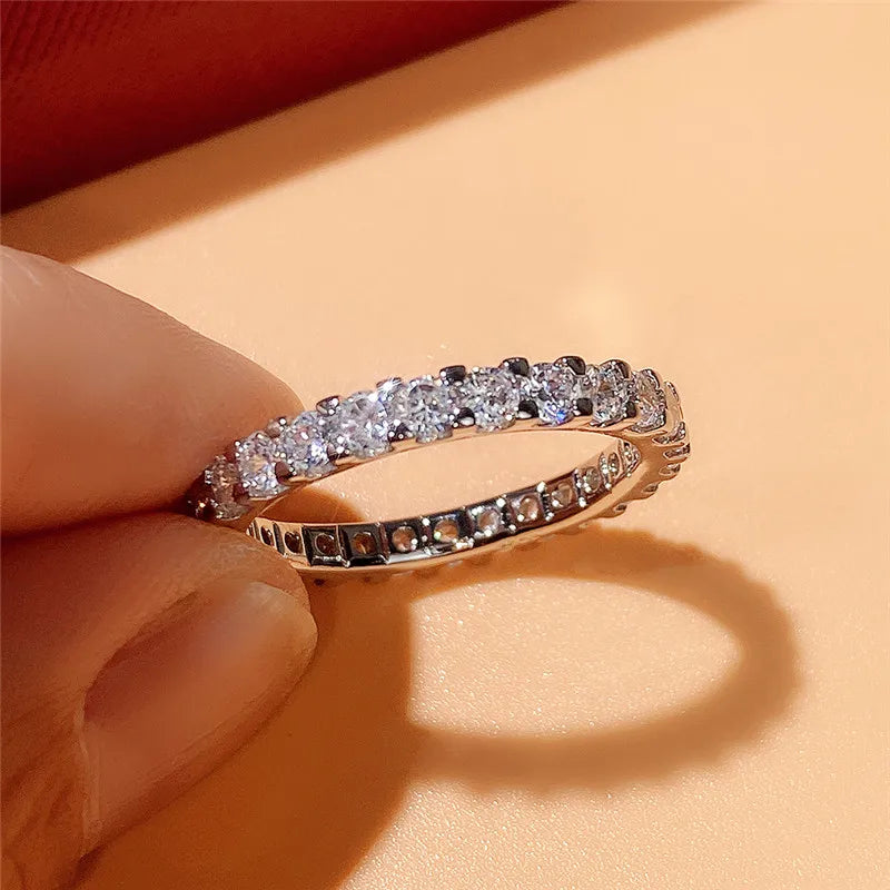 New Trendy Thin Finger Rings Silver Color Band with Shiny Cubic Zirconia