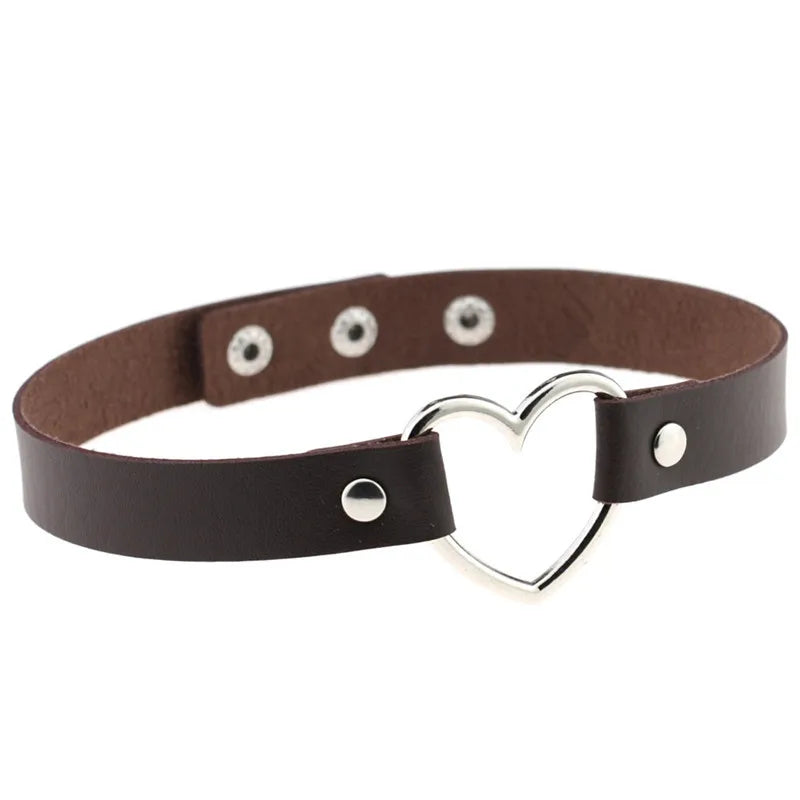 Trendy Goth Heart Leather Choker Necklace