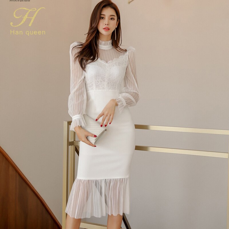 Mesh Stitching Lace Lantern Sleeve Fishtail Dress