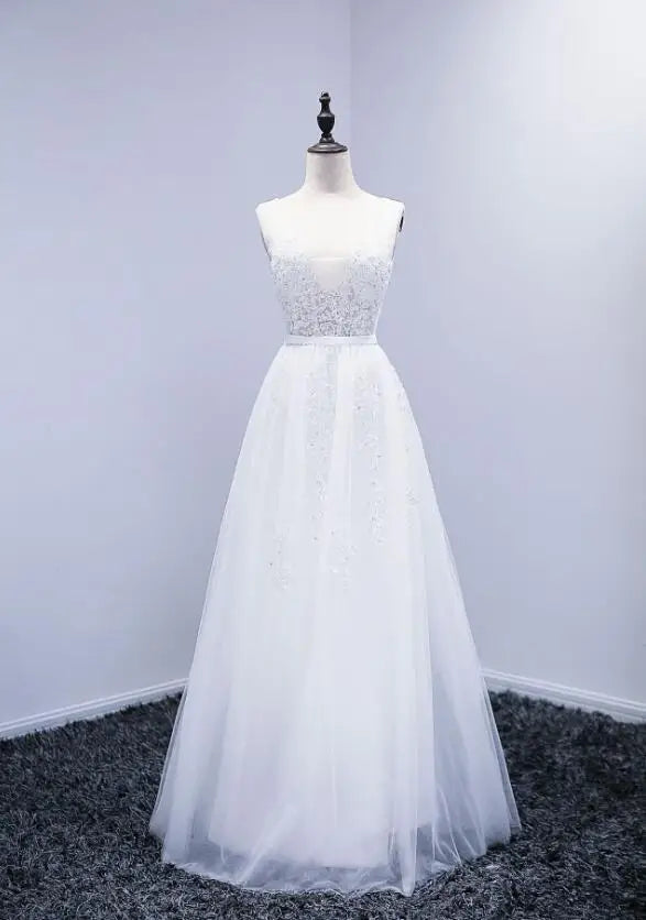 Lace Beading Long Backless Bridal V neck Sleeveless Transparent Banquet Sexy  Dress