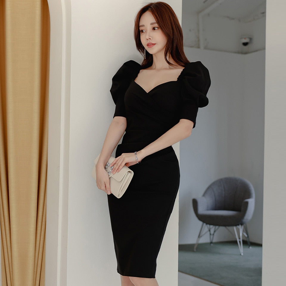 Simple V-Neck Puff Sleeve High Waist Tight Elegant Party Dress