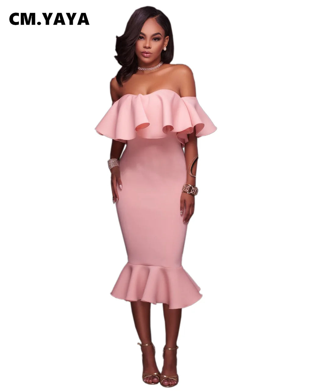 Solid Off Shoulder Ruffles Bodycon Trumpet Dresses