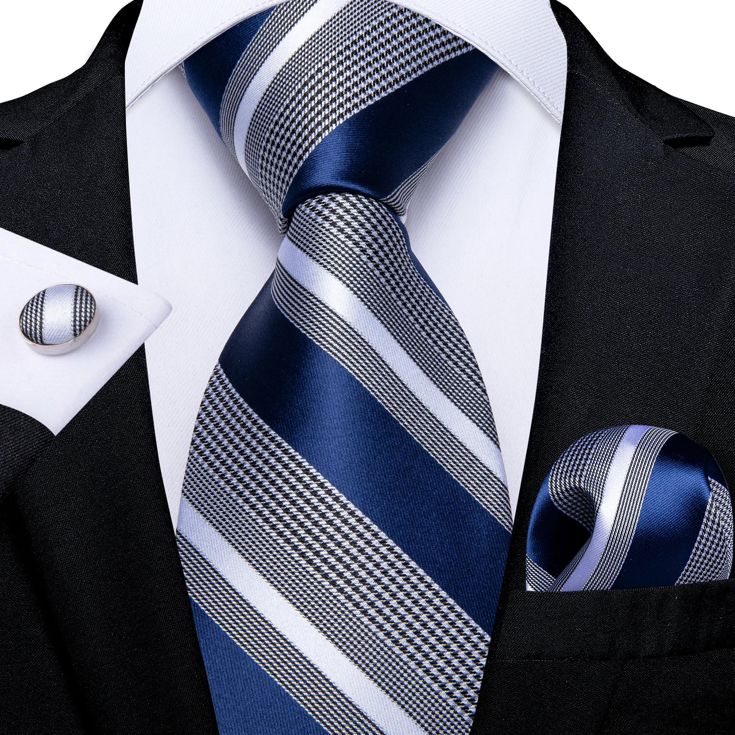Teal Blue & White Striped Silk Tie Set for Men