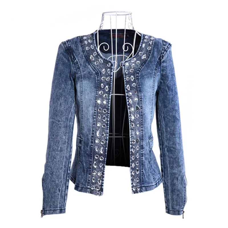 Elegant Diamond Denim Jacket – Vintage Slim Fit for Effortless Everyday Glam