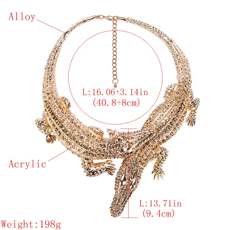 Trendy Exaggerated Punk Full Crystal Crocodile Necklace
