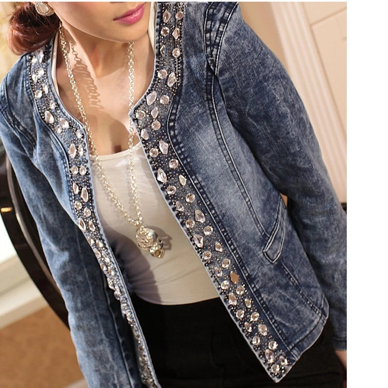 Elegant Diamond Denim Jacket – Vintage Slim Fit for Effortless Everyday Glam