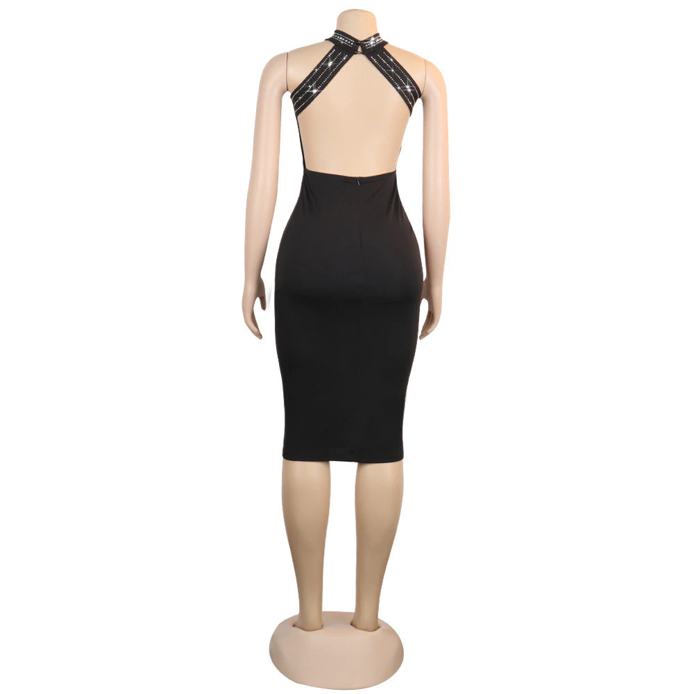 Sleeveless Backless Rhinestone Black See Through Mesh Bodycon Dress