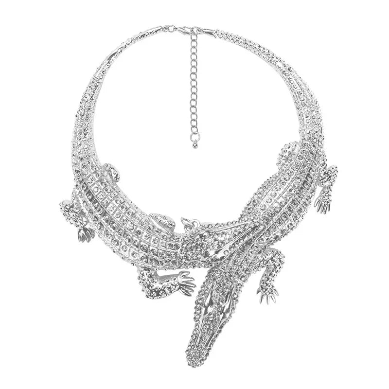 Trendy Exaggerated Punk Full Crystal Crocodile Necklace