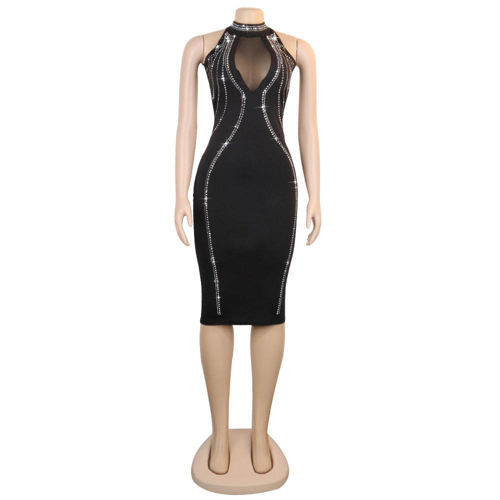 Sleeveless Backless Rhinestone Black See Through Mesh Bodycon Dress