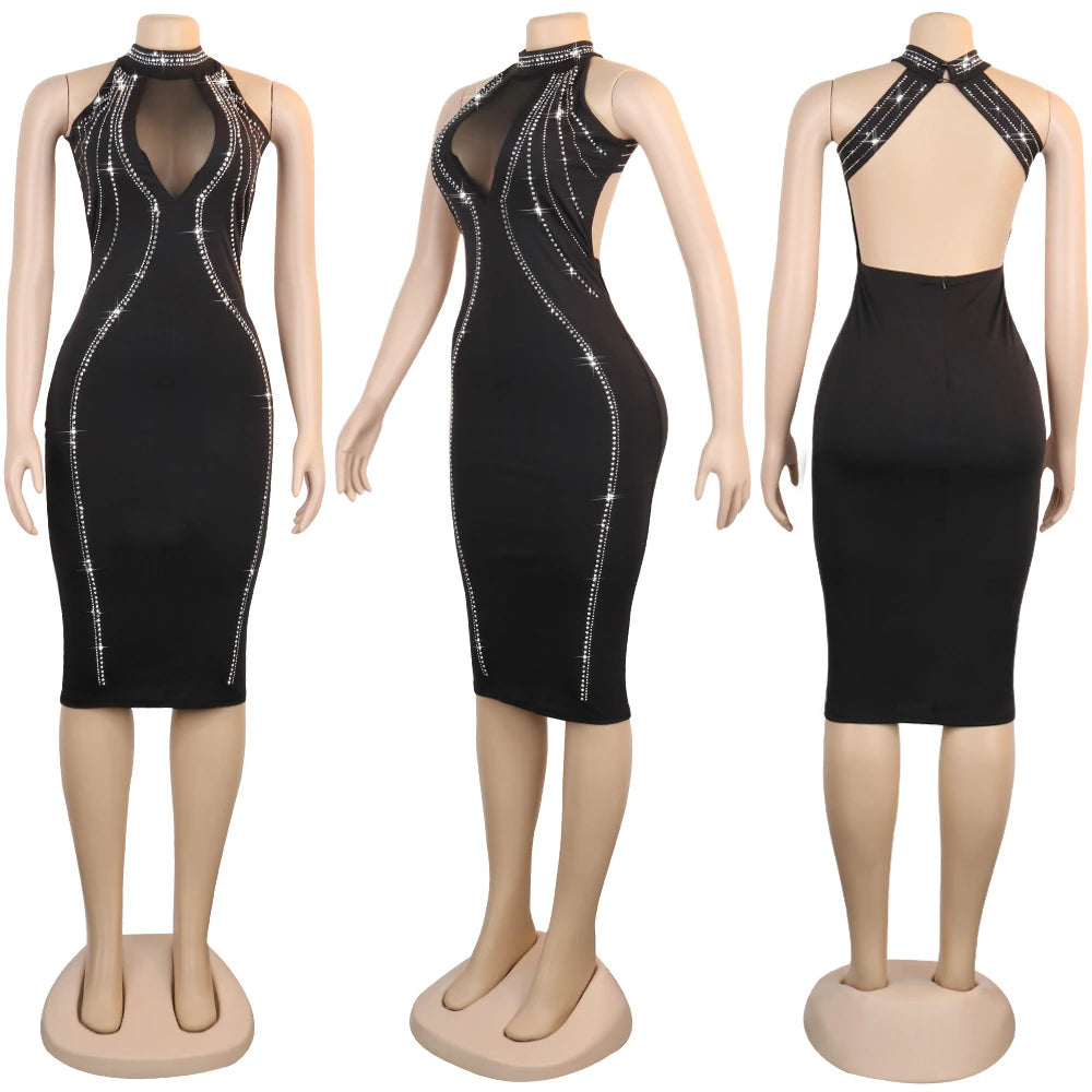 Sleeveless Backless Rhinestone Black See Through Mesh Bodycon Dress