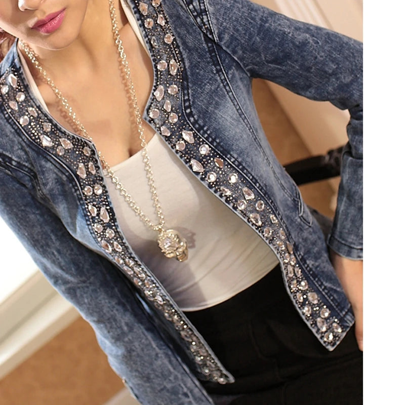 Elegant Diamond Denim Jacket – Vintage Slim Fit for Effortless Everyday Glam