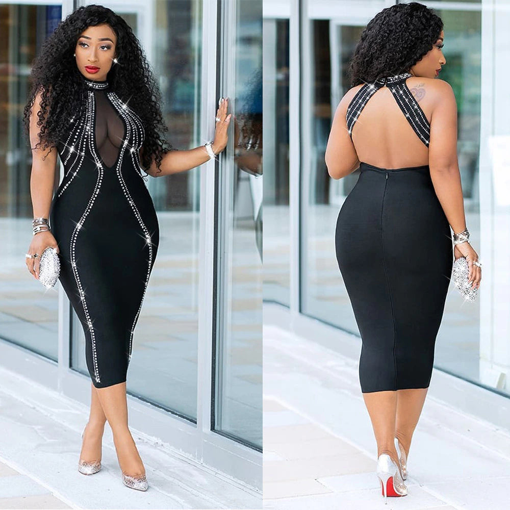 Sleeveless Backless Rhinestone Black See Through Mesh Bodycon Dress