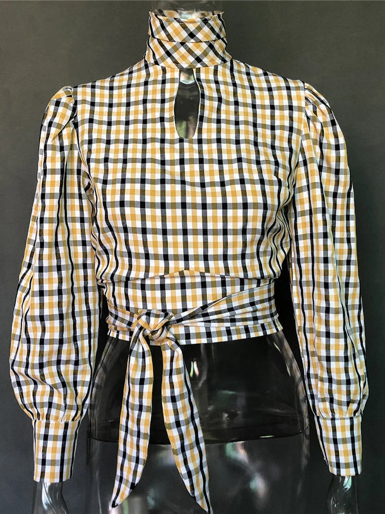 Sexy Backless Turtleneck Plaid Printed  Long Sleeve Elegant Lace up Blouse