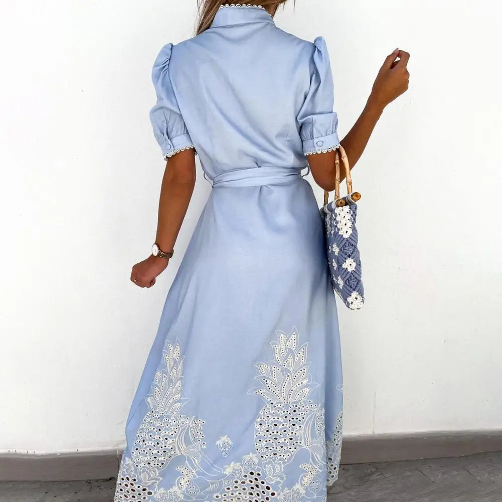 Chic Lapel Long Sleeve High Waist Lace Up Elegant Embroidered Maxi Dress