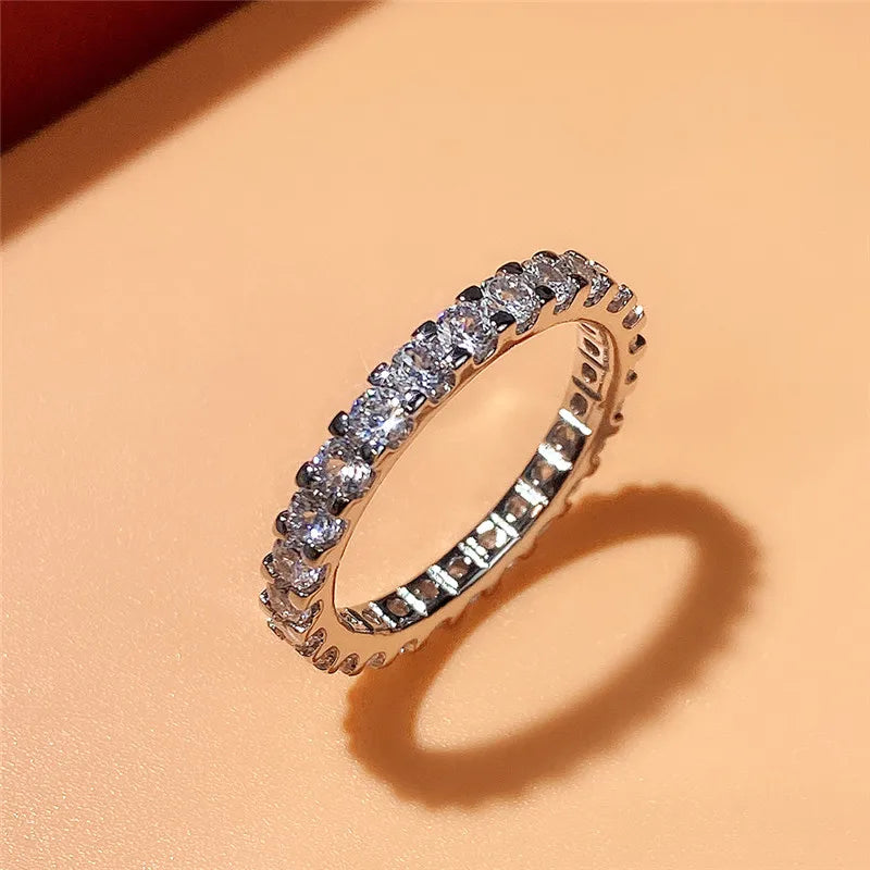 New Trendy Thin Finger Rings Silver Color Band with Shiny Cubic Zirconia