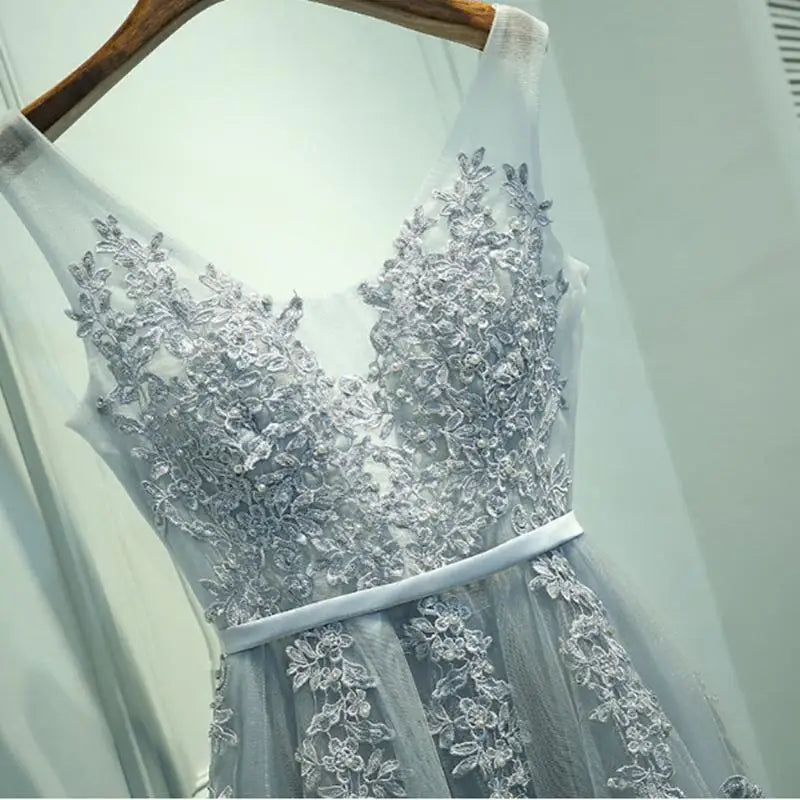 Lace Beading Long Backless Bridal V neck Sleeveless Transparent Banquet Sexy  Dress