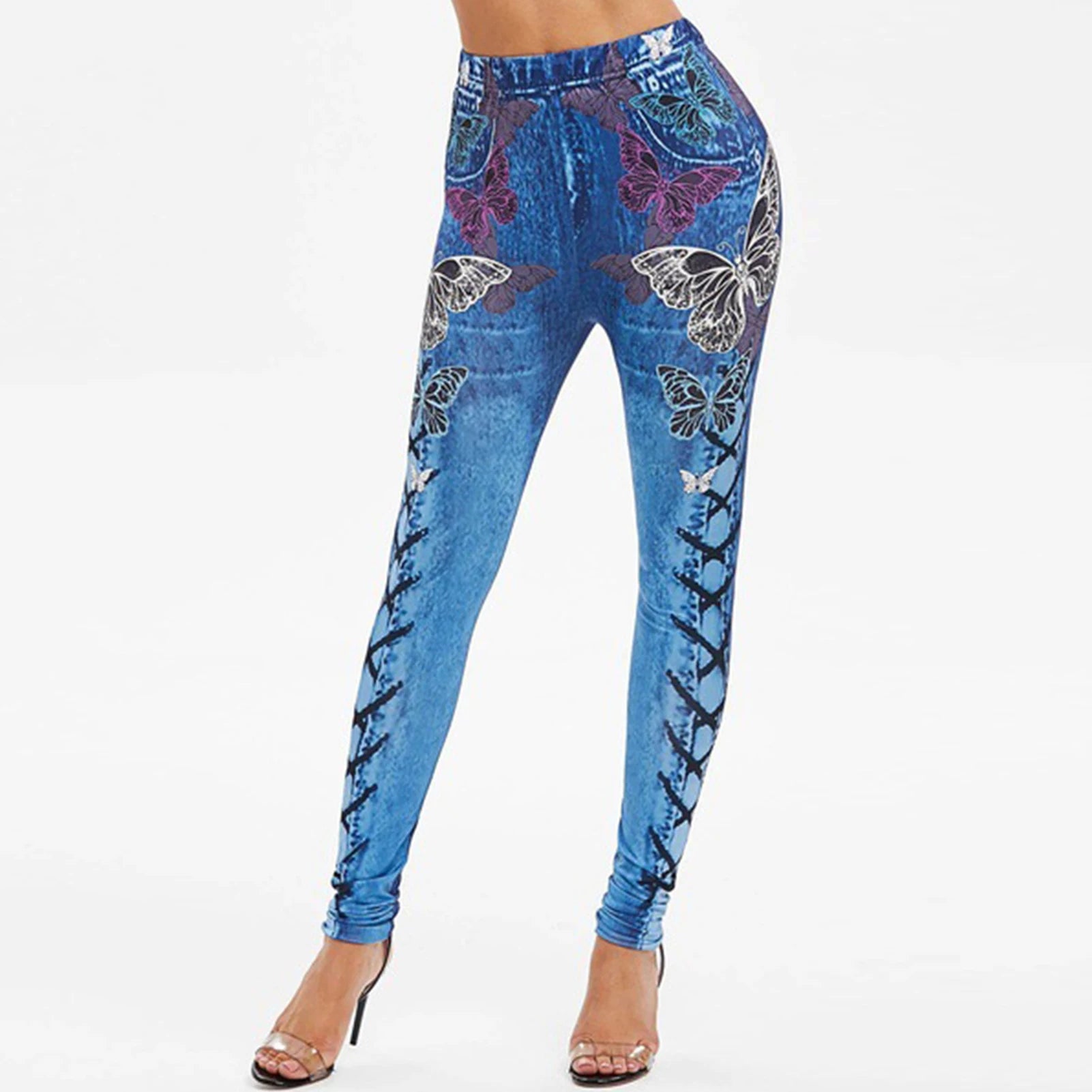 Skinny High Waist Butterfly Print Lace-up Elastic Jeans Women Pencil Pants