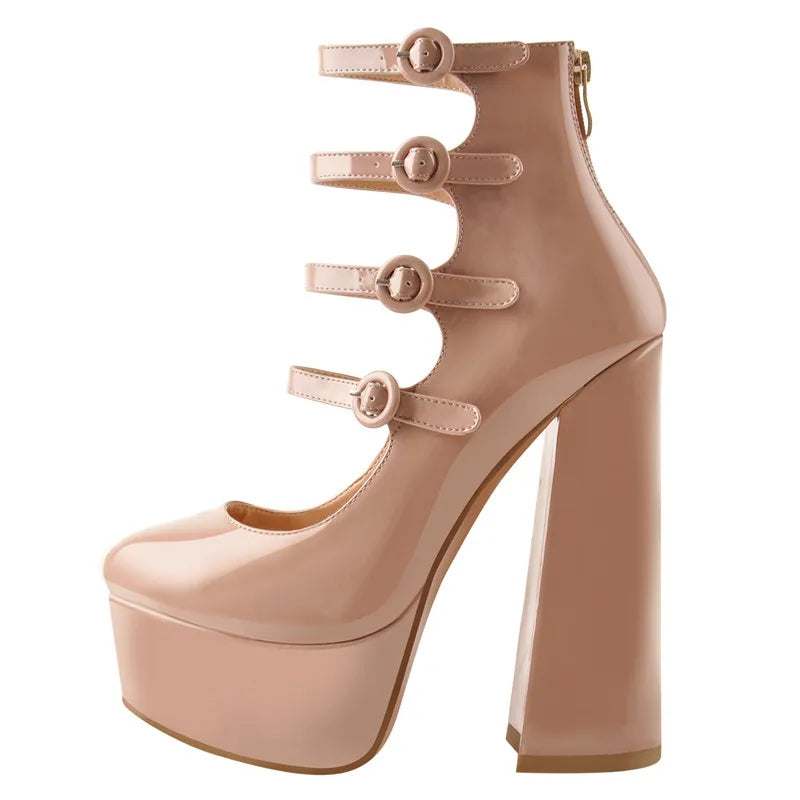 Women Platform Round Toe Chunky Square Heels Ankle Wrap Sandals