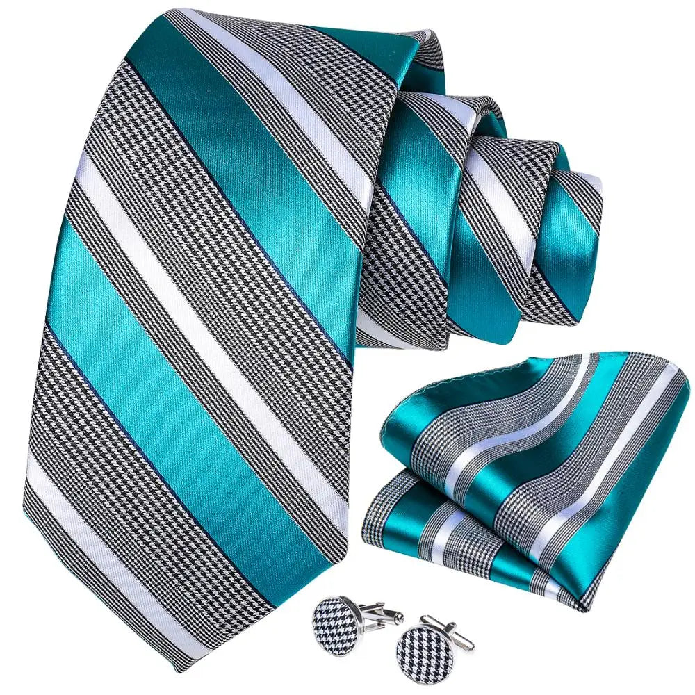 Teal Blue & White Striped Silk Tie Set for Men