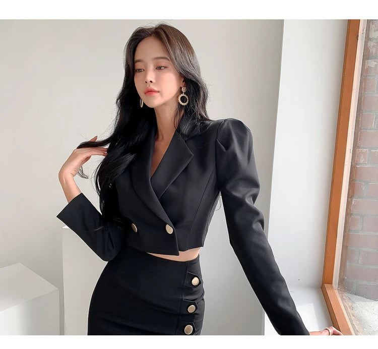 Spring Autumn Puff Sleeve Notched Collar Double Breasted Tops + High Waist Split Sheath Skirts Suit