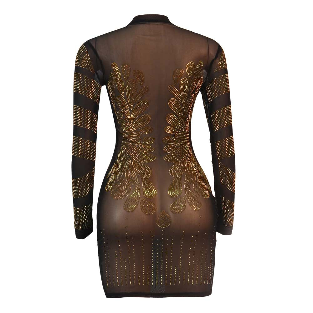 QILI Black Gold See Through Mesh Rhinestone Long Sleeve Dresses