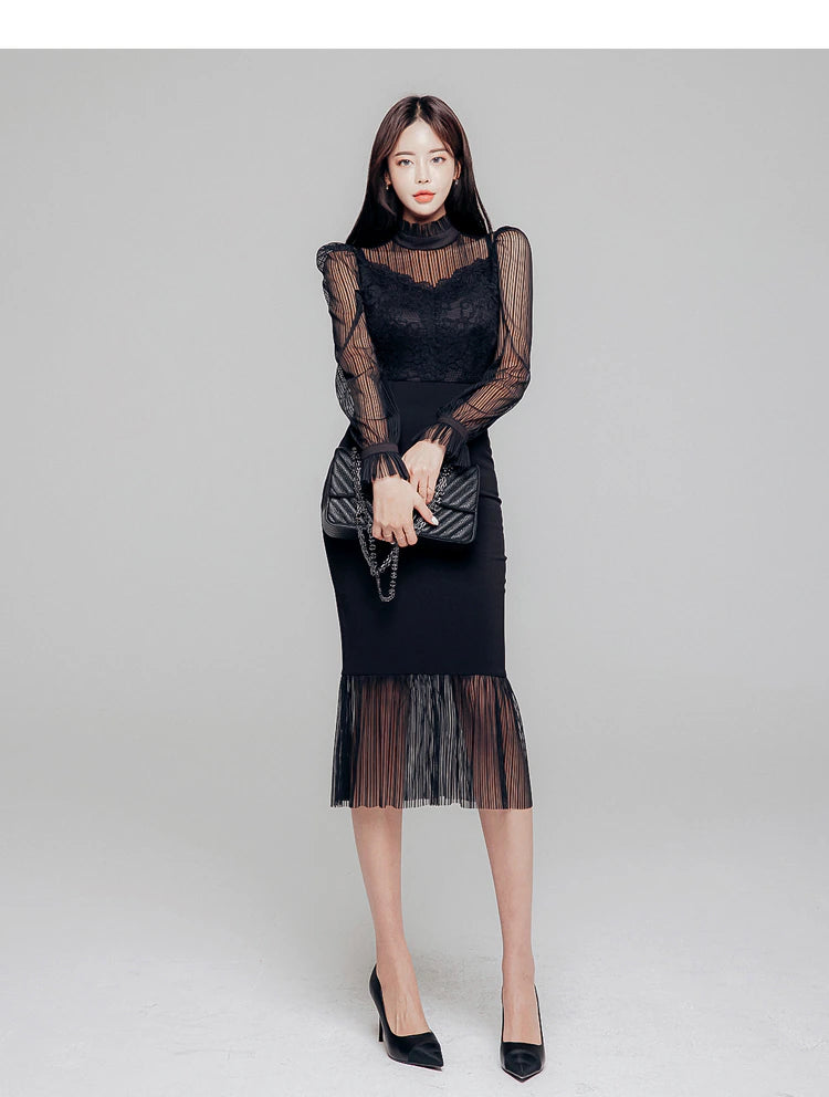 Mesh Stitching Lace Lantern Sleeve Fishtail Dress