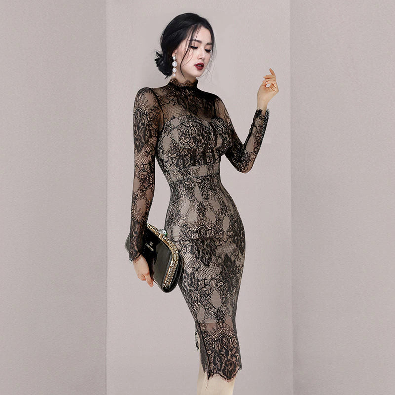 Spring New See Through Lace Fashion Crochet Flowers Pencil Dress