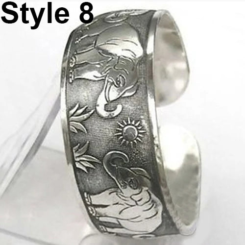 Chinese Style Vintage Tibetan Silver Elephant Open Cuff Bracelet