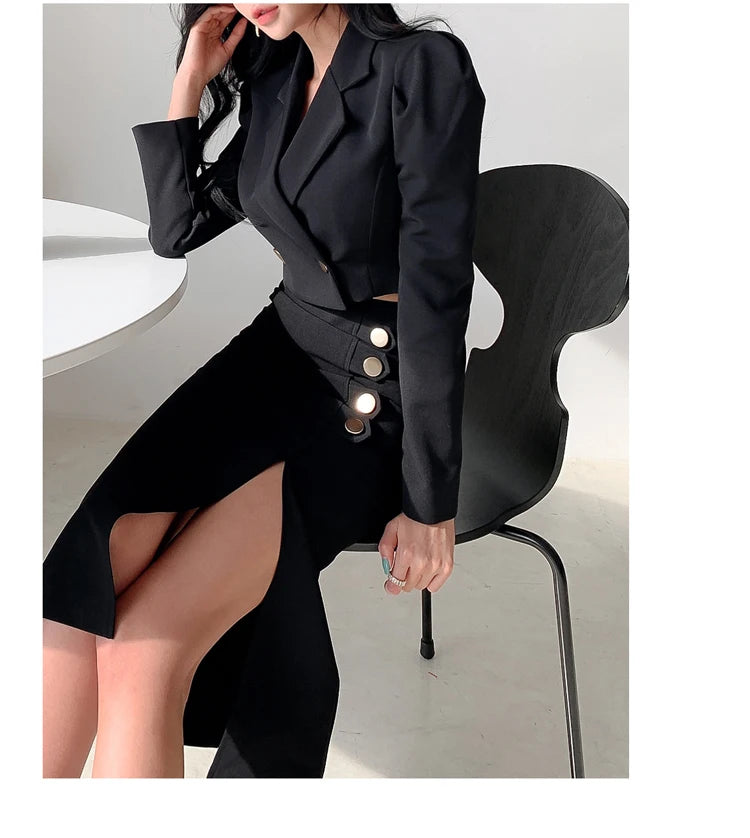 Spring Autumn Puff Sleeve Notched Collar Double Breasted Tops + High Waist Split Sheath Skirts Suit