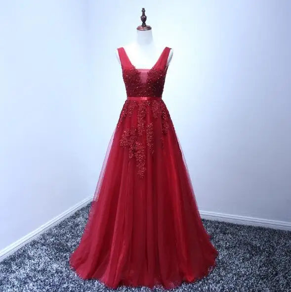 Lace Beading Long Backless Bridal V neck Sleeveless Transparent Banquet Sexy  Dress