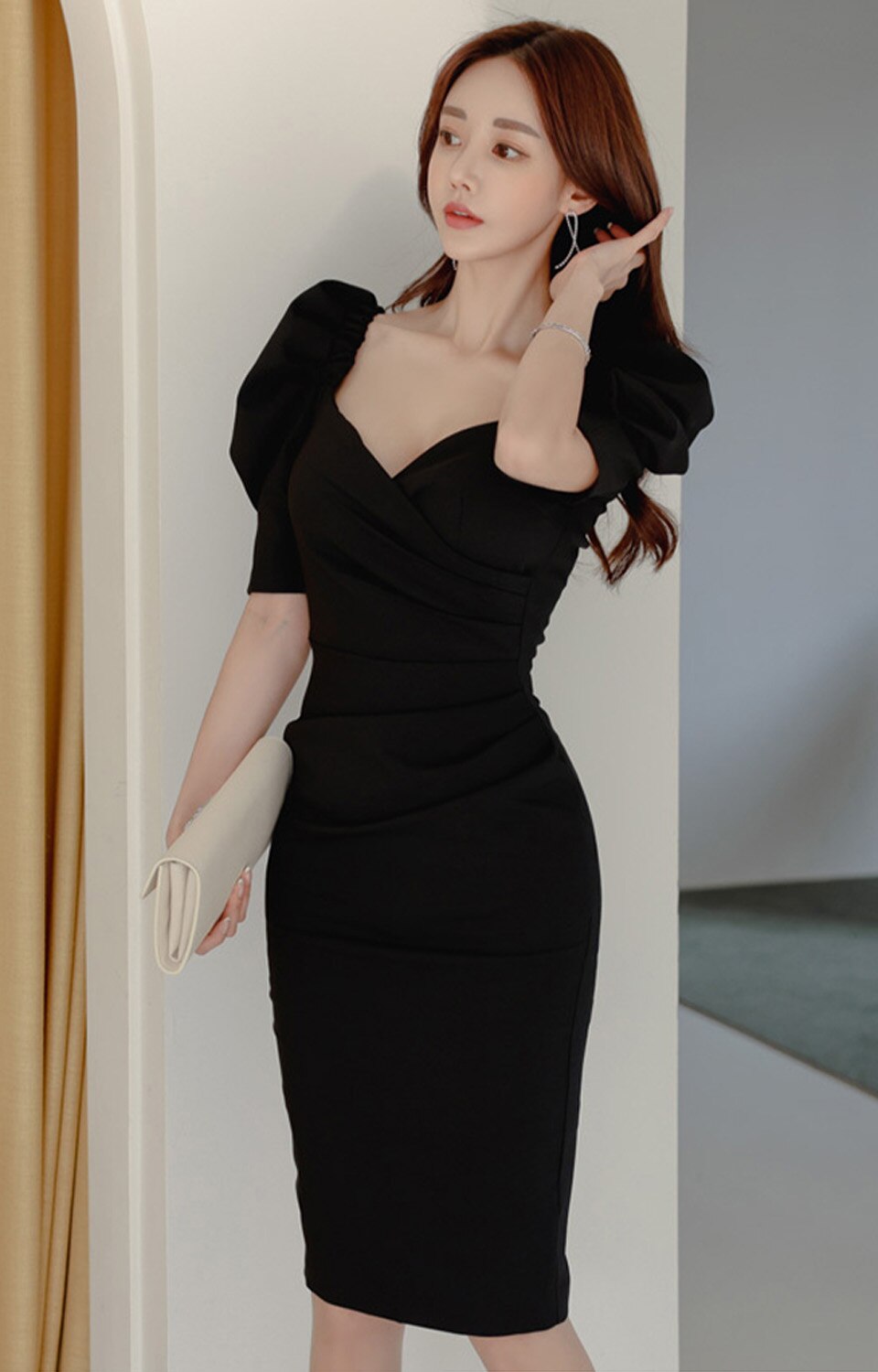 Simple V-Neck Puff Sleeve High Waist Tight Elegant Party Dress