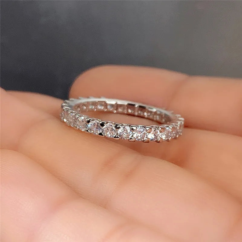 New Trendy Thin Finger Rings Silver Color Band with Shiny Cubic Zirconia