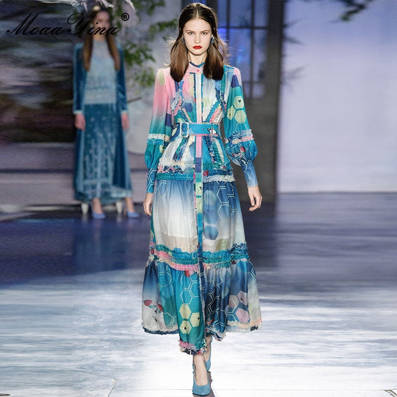 Lantern sleeve Single-breasted Sashes Multicolor Printed Vacation Long Dress