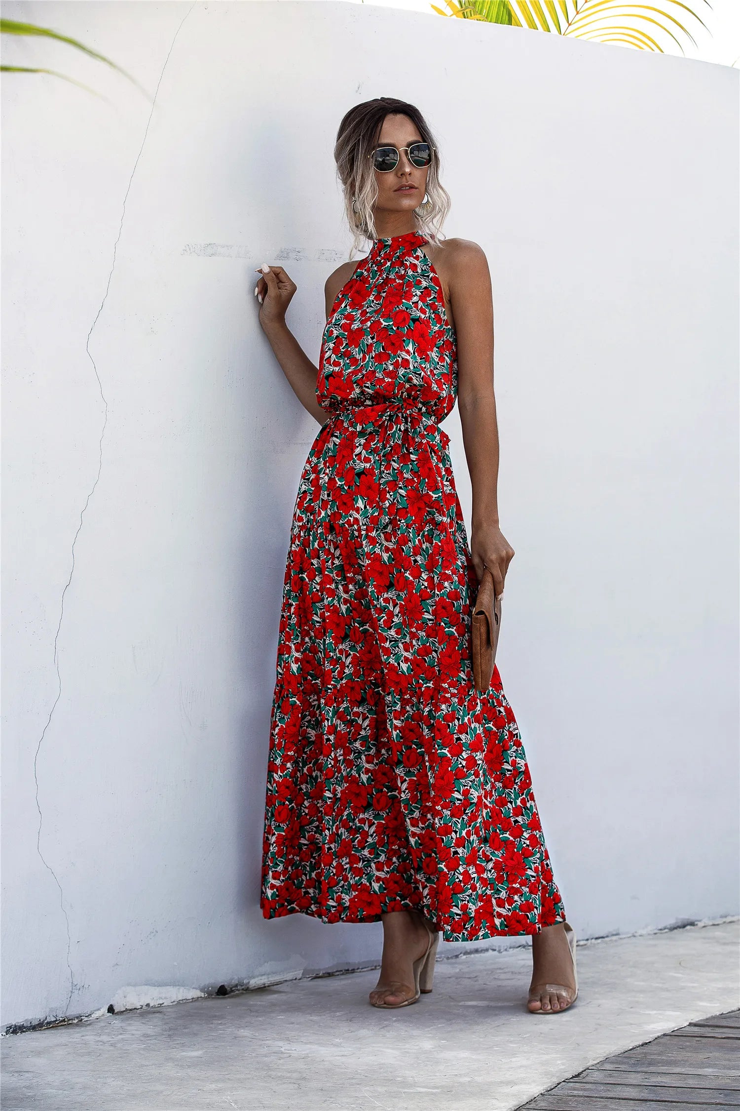 2025 Fashion Sleeveless Print Flowers Polka-dot Halter Boho Dresses