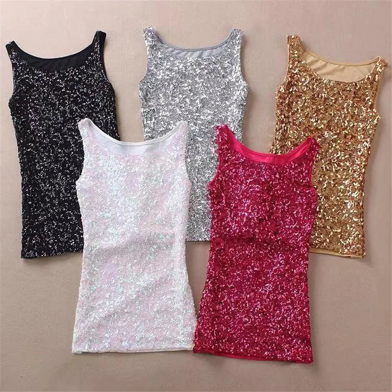 Glitter Sequin Embellished Sleeveless Vest Tank Tops