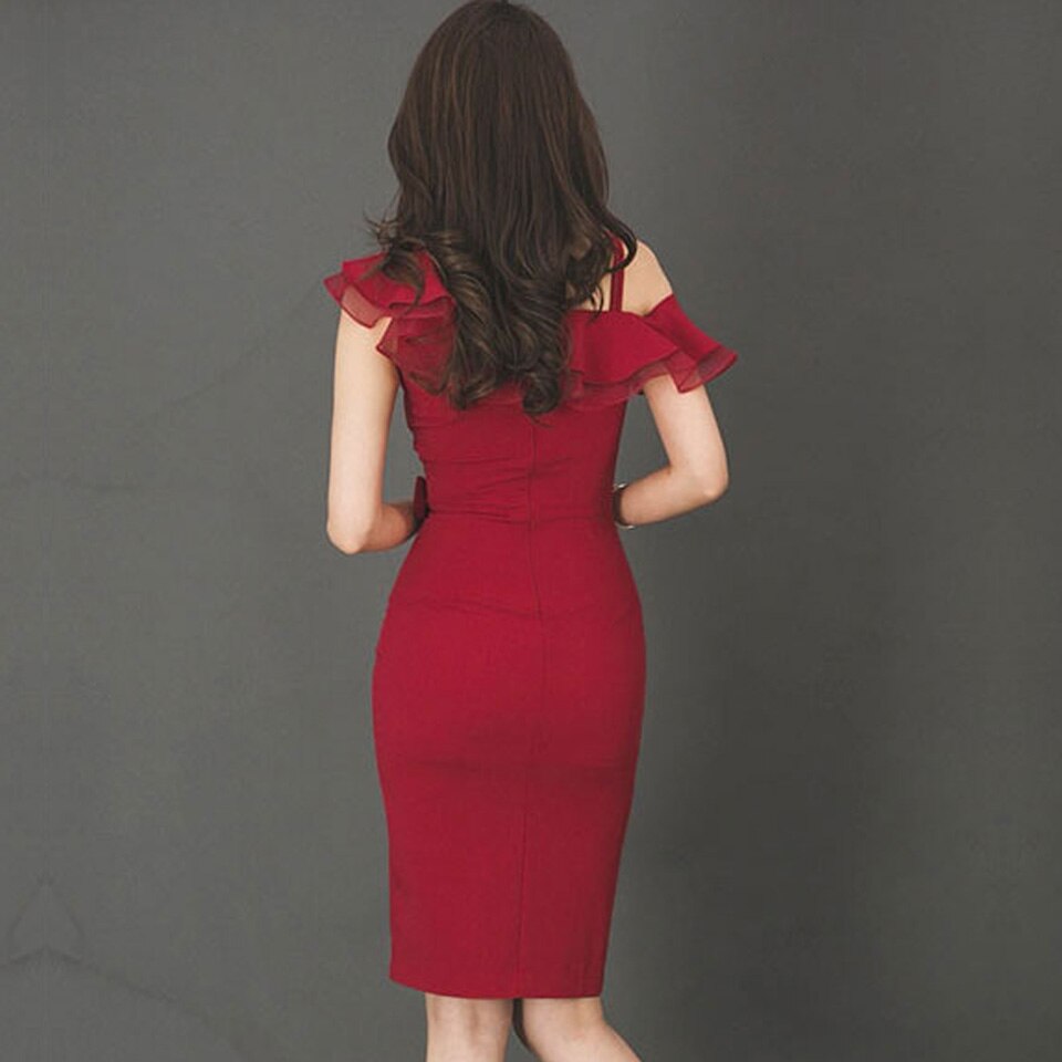 Summer High Waist Sexy Single Side Strap Ruffle Simple Temperament Office Dress