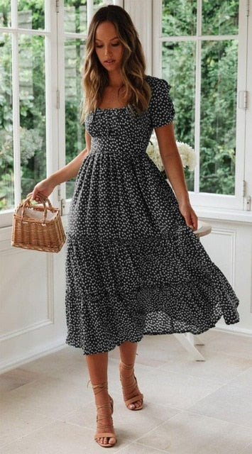 Vintage Print Puff Sleeve Casual Square collar floral maxi long dress