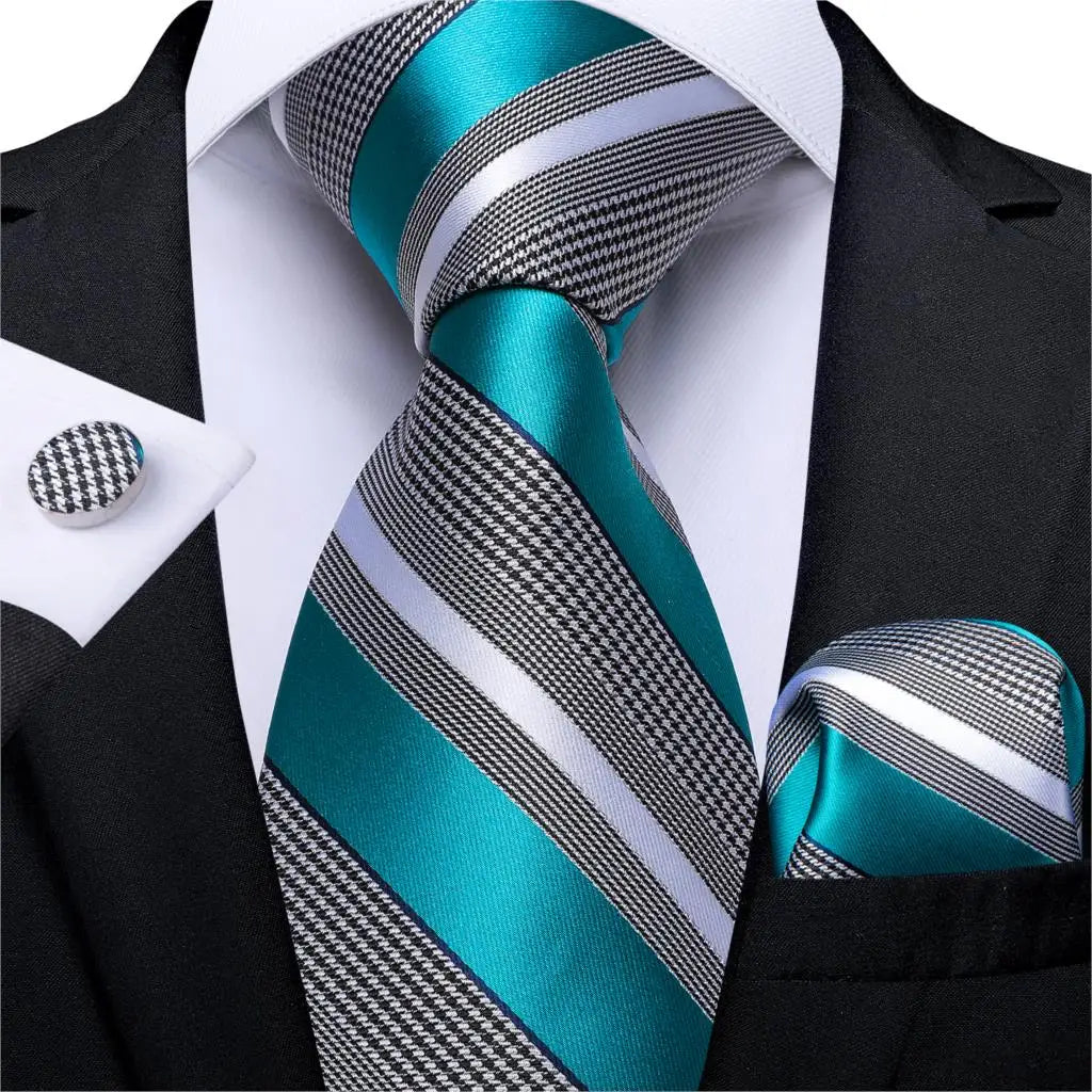 Teal Blue & White Striped Silk Tie Set for Men