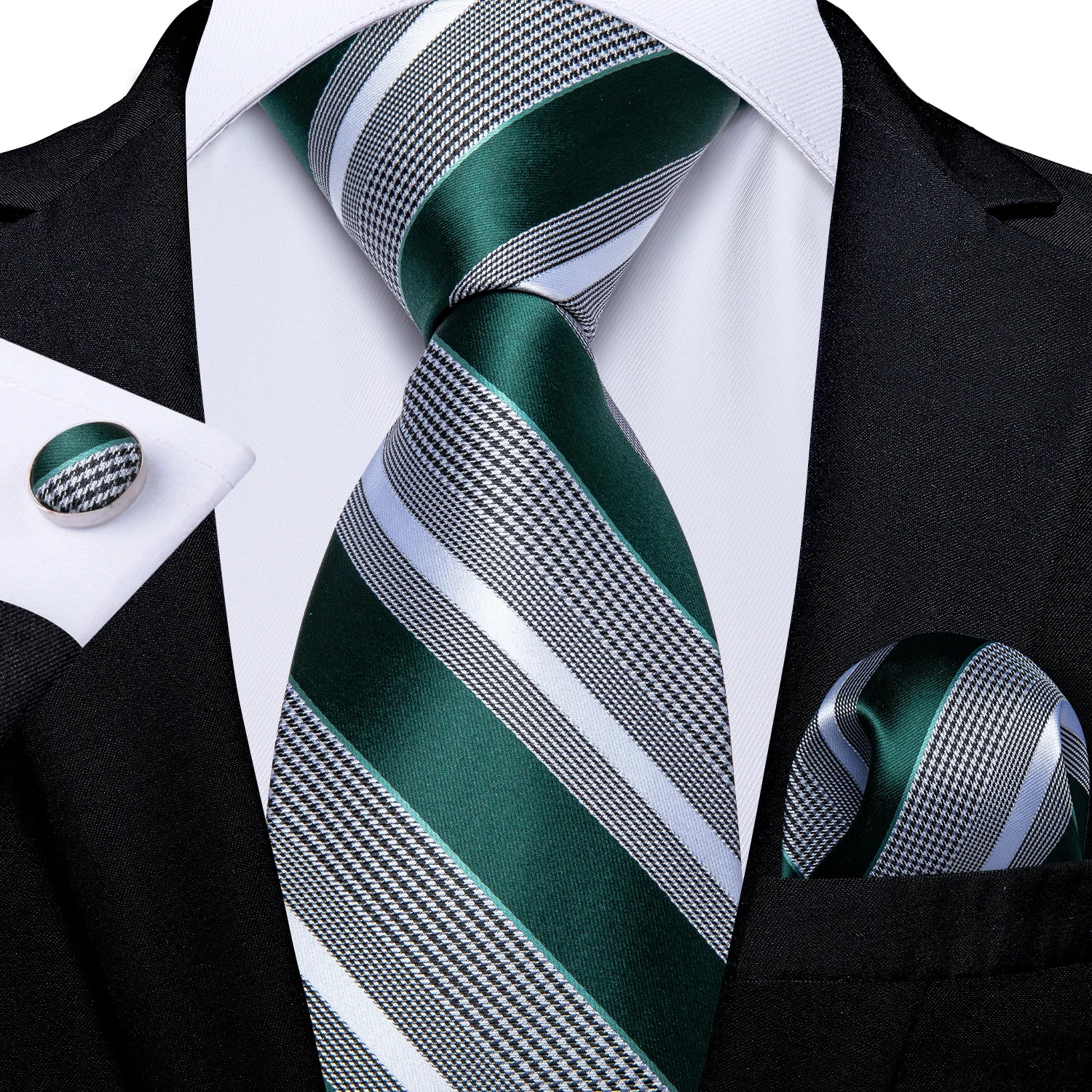 Teal Blue & White Striped Silk Tie Set for Men