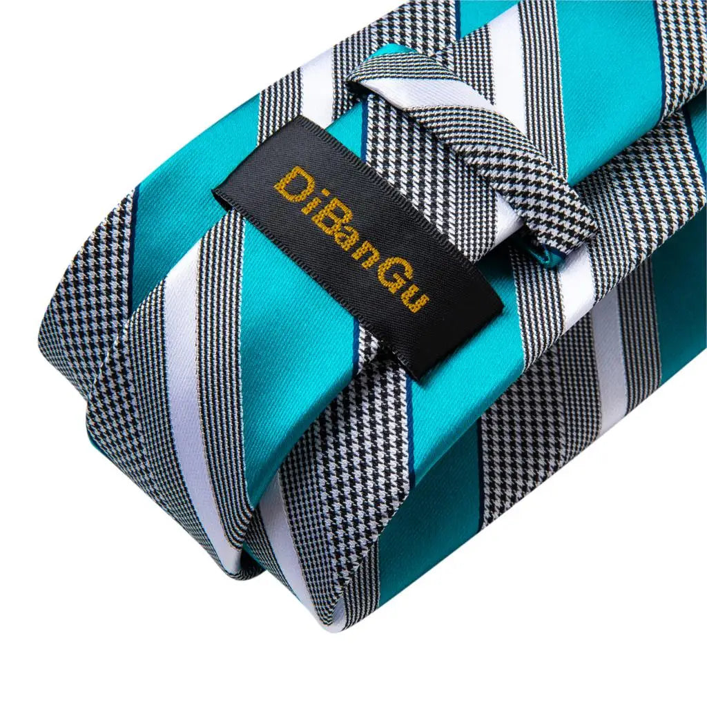 Teal Blue & White Striped Silk Tie Set for Men