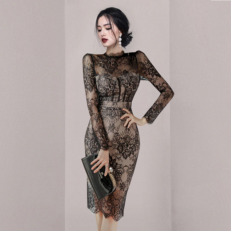 Spring New See Through Lace Fashion Crochet Flowers Pencil Dress