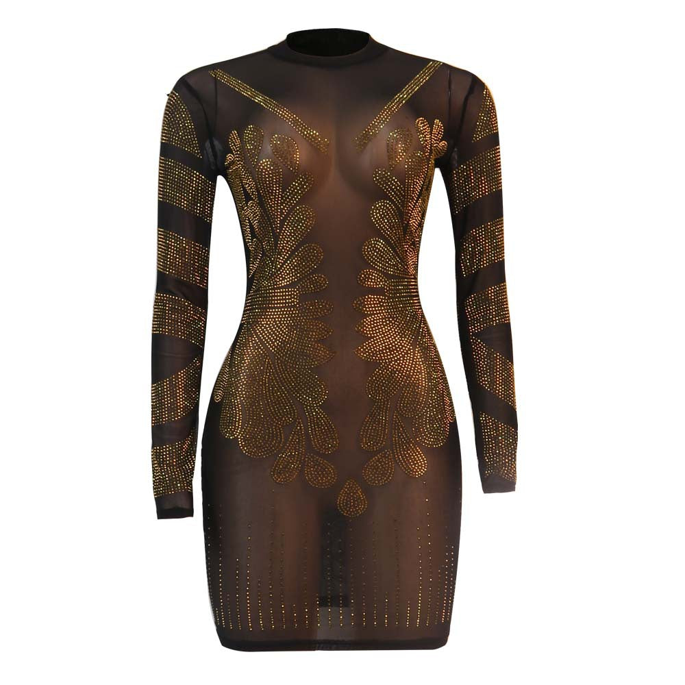 QILI Black Gold See Through Mesh Rhinestone Long Sleeve Dresses