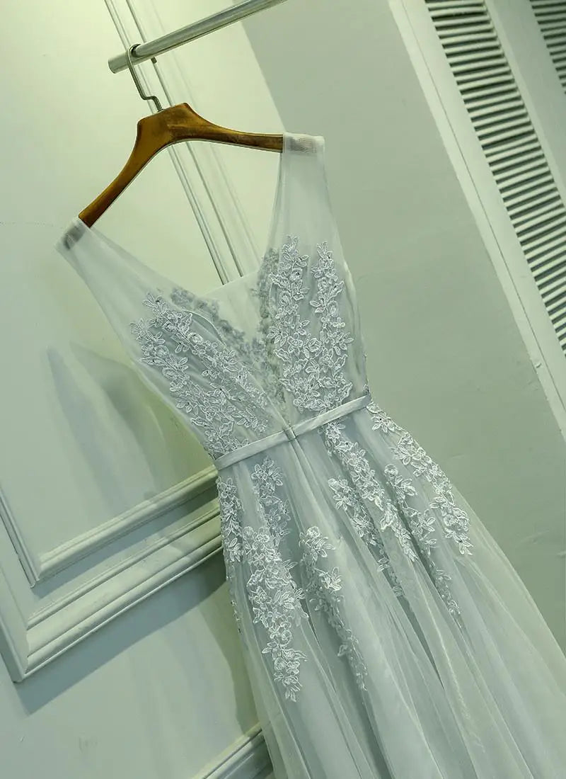 Lace Beading Long Backless Bridal V neck Sleeveless Transparent Banquet Sexy  Dress