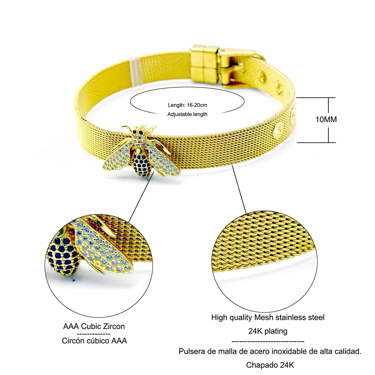 Stainless Steel Mesh Strap Bee Zircon Bracelet